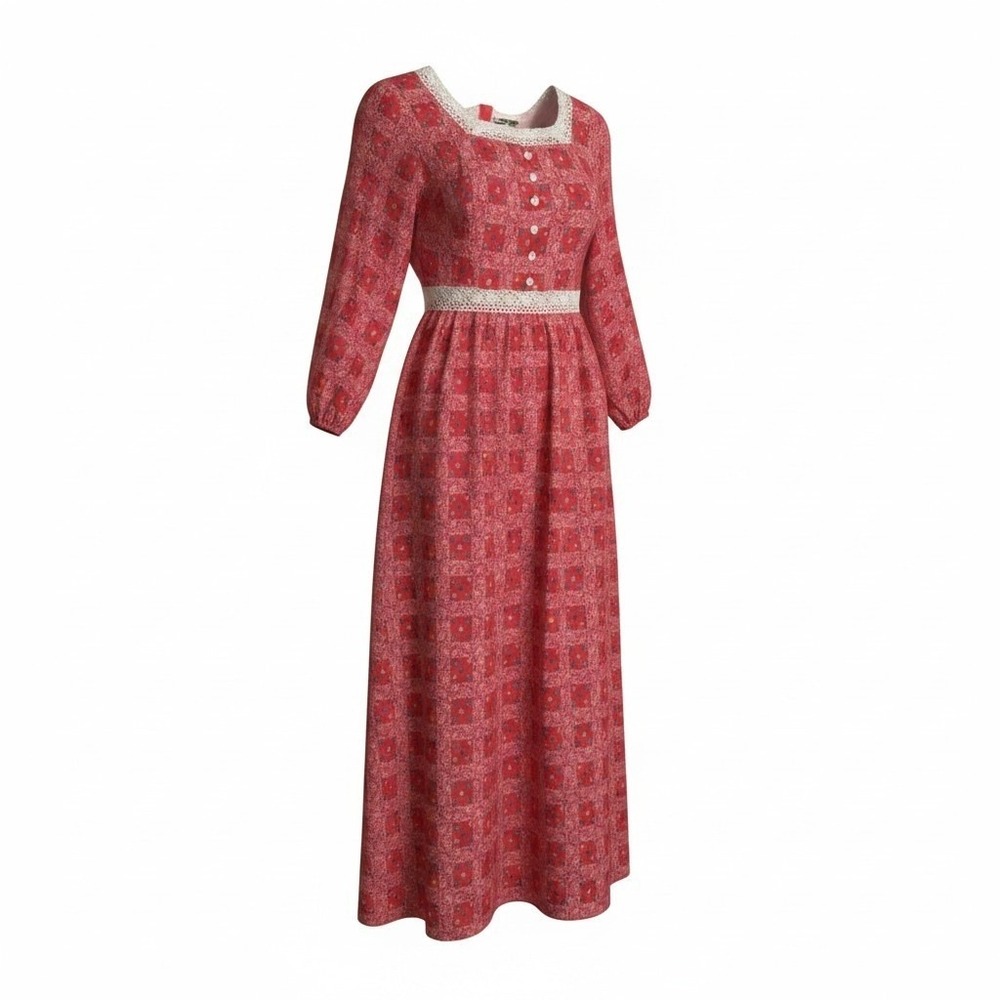 Hand Made Vintage Red Paisley Floral Prairie Maxi Dress Lace Trim Cottagecore